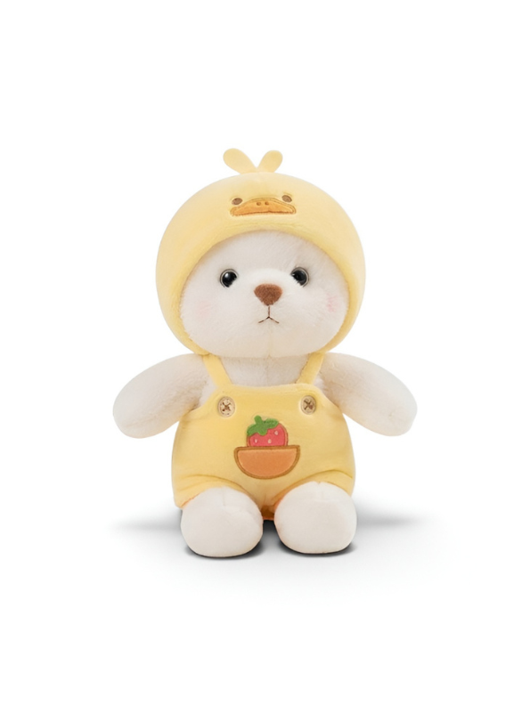 Cute 8-Inch Plush Bear Toy in Yellow Duck Hoodie & Strawberry Dungarees – Soft Stuffed Animal ST15739