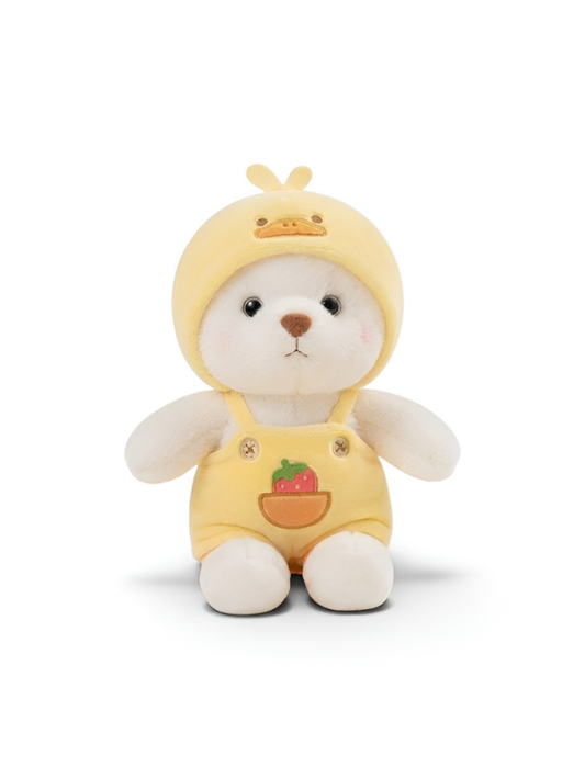 Cute 8-Inch Plush Bear Toy in Yellow Duck Hoodie & Strawberry Dungarees – Soft Stuffed Animal ST15739