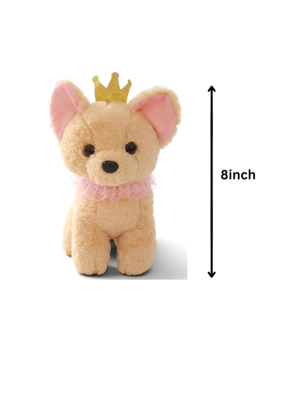 Cute BrownPuppy Soft Toy with Gold Crown & Pink Rruff – 8-Inch Stuffed Animal Plushie for Kids and Girls ST11091