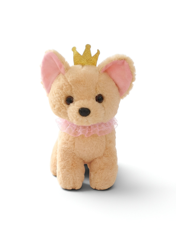 Cute BrownPuppy Soft Toy with Gold Crown & Pink Rruff – 8-Inch Stuffed Animal Plushie for Kids and Girls ST11091