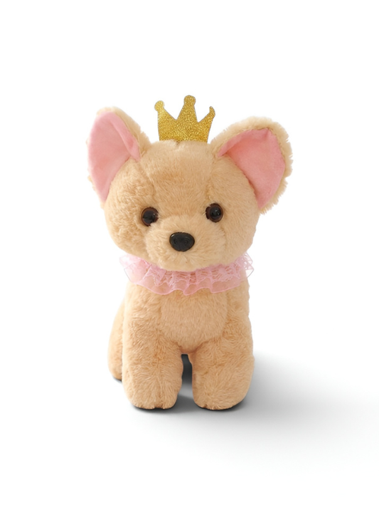 Cute BrownPuppy Soft Toy with Gold Crown & Pink Rruff – 8-Inch Stuffed Animal Plushie for Kids and Girls ST11091