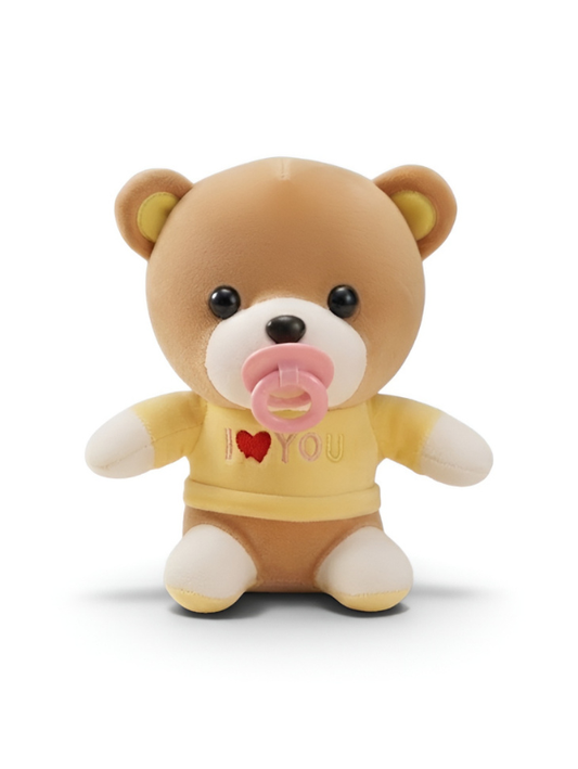 Cute Brown Teddy Bear Plush Toy with Pacifier and Yellow "I Love You" Shirt ST9541