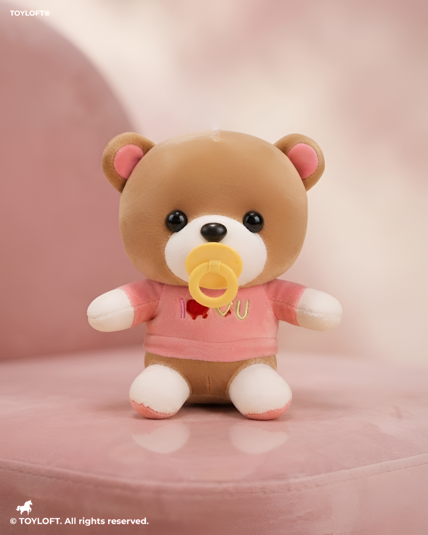 Cute Brown Teddy Bear Stuffed Animal with Pacifier and Pink "I Love You" Shirt ST9541