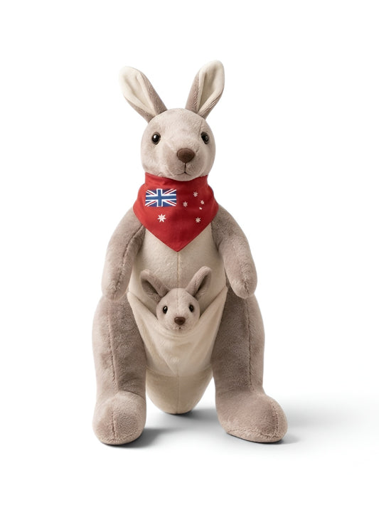 Cute Kangaroo Plush with Baby Joey in Pouch – Light Grey 8-Inch Stuffed Animal Soft Toy ST11554