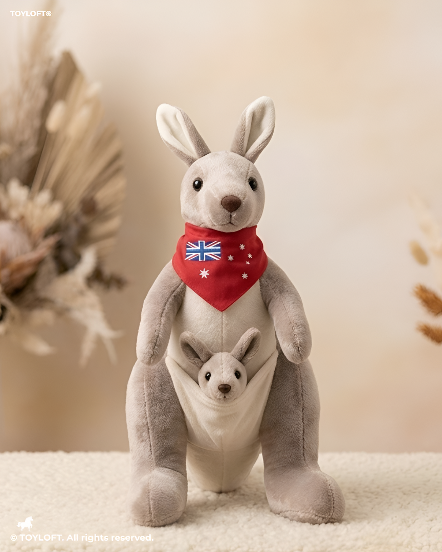 Cute Kangaroo Plush with Baby Joey in Pouch – Light Grey 8-Inch Stuffed Animal Soft Toy ST11554