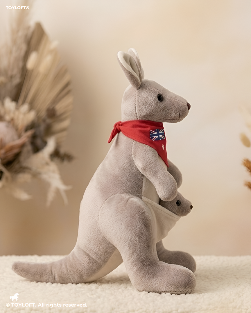 Cute Kangaroo Plush with Baby Joey in Pouch – Light Grey 8-Inch Stuffed Animal Soft Toy ST11554