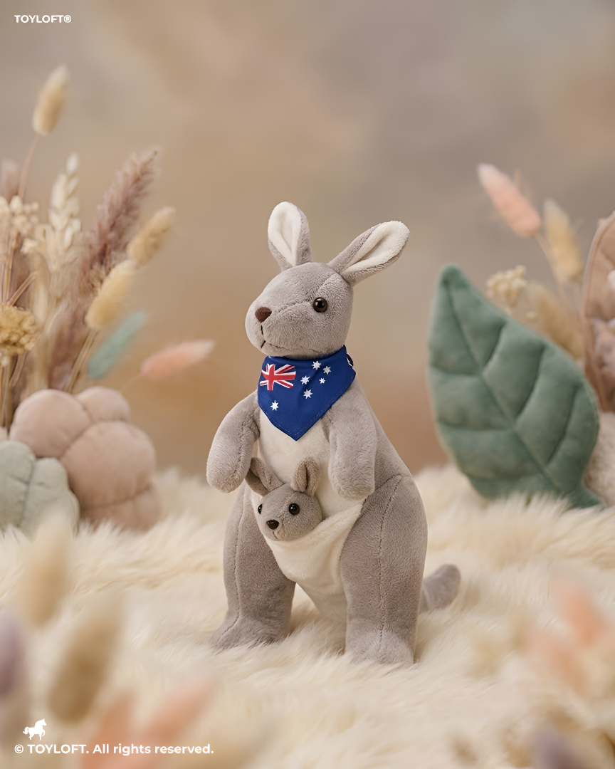Cute Kangaroo Plush with Baby Joey in Pouch – Light Grey 8-Inch Stuffed Animal Soft Toy ST11554