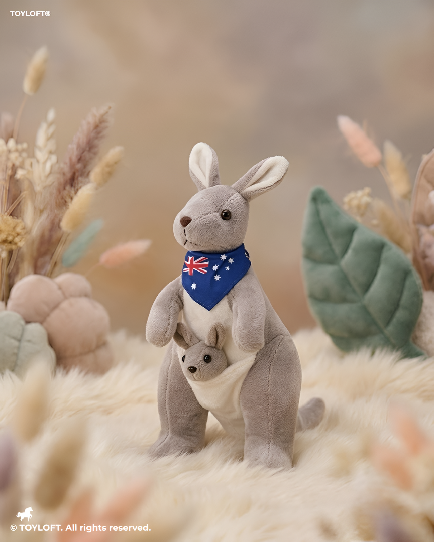 Cute Kangaroo Plush with Baby Joey in Pouch – Light Grey 8-Inch Stuffed Animal Soft Toy ST11554