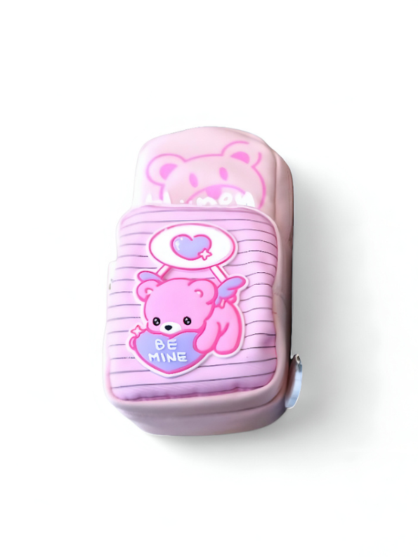 Cute Pink Bear Pencil Pouch with Zipper | "Be Mine" Cartoon Stationery Case | Kawaii Pen Bag for Girls & Kids NOVGBT-50042.