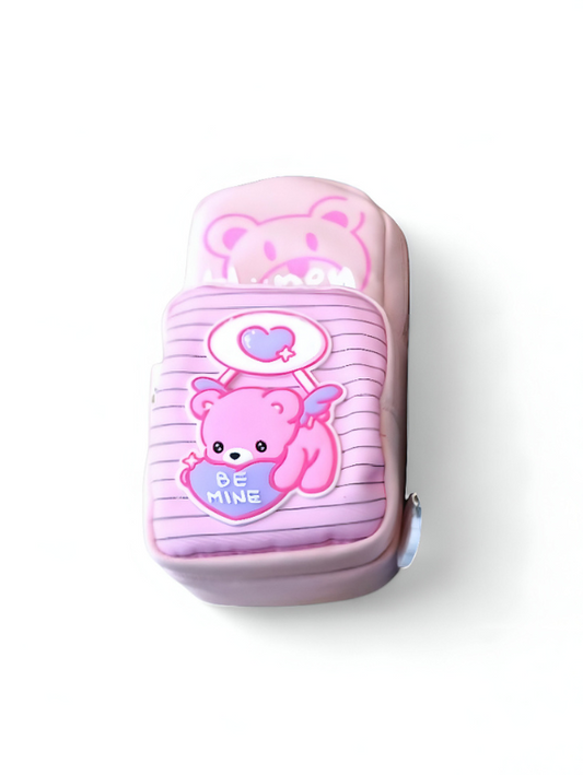 Cute Pink Bear Pencil Pouch with Zipper | "Be Mine" Cartoon Stationery Case | Kawaii Pen Bag for Girls & Kids NOVGBT-50042.
