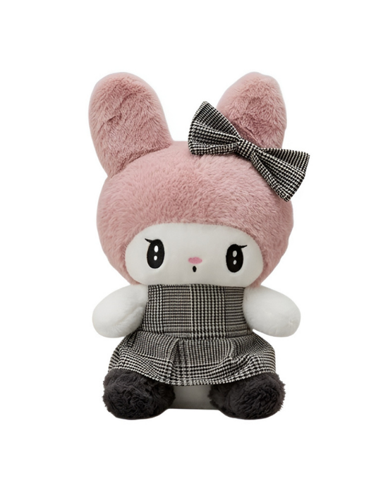 Cute Pink Bunny Plush Toy with Bow and Checkered Dress ST11437.