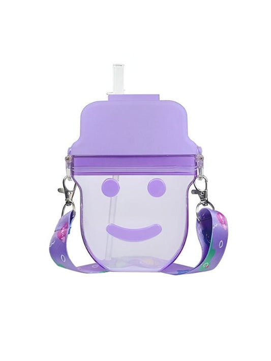 Purple - Cute Smiley Water Bottle with Straw – 300ML Plastic Bottle for Kids, School & Office Use NOV545.