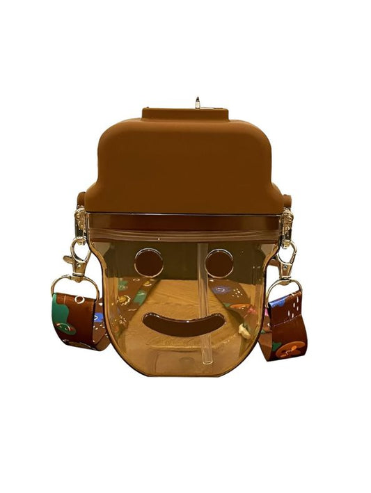 Brown - Cute Smiley Water Bottle with Straw – 300ML Plastic Bottle for Kids, School & Office Use NOV545.