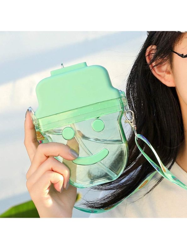 Green - Cute Smiley Water Bottle with Straw – 300ML Plastic Bottle for Kids, School & Office Use NOV545.