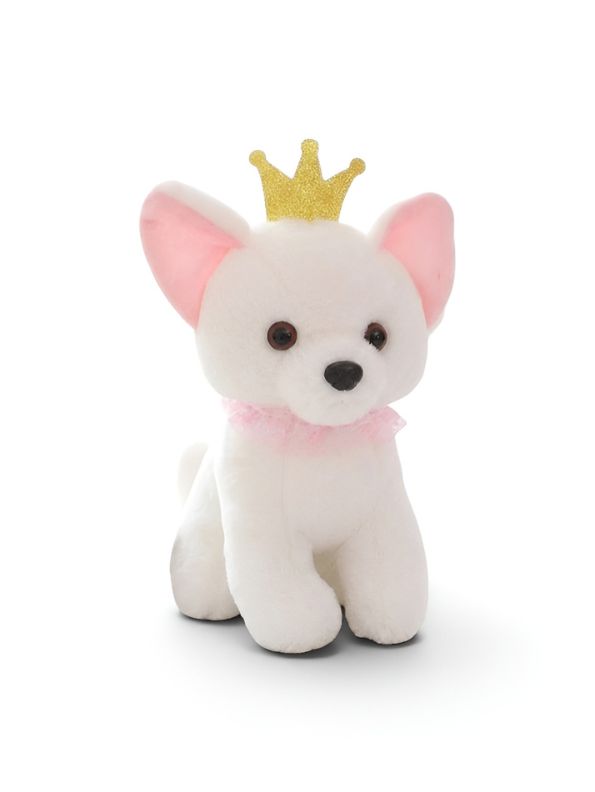 Cute White Puppy Soft Toy with Gold Crown & Pink Rruff – 8-Inch Stuffed Animal Plushie for Kids and Girls ST11091