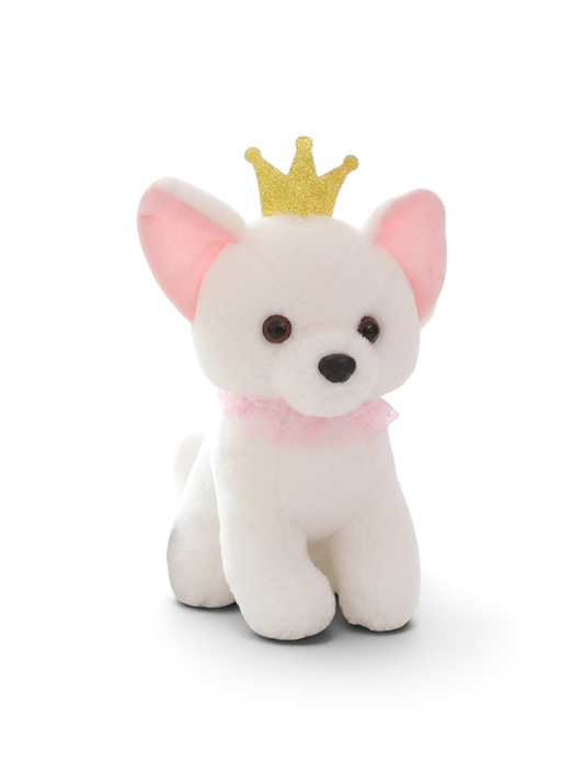 Cute White Puppy Soft Toy with Gold Crown & Pink Rruff – 8-Inch Stuffed Animal Plushie for Kids and Girls ST11091
