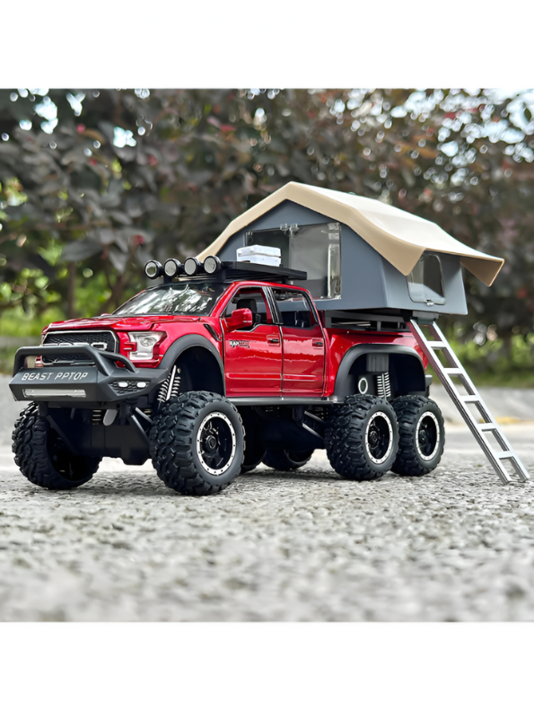 Ford Raptor 1:24 Diecast 6x6 Off-Road Pickup Truck Model with Rooftop Tent & Ladder – Red Overlanding Edition Beast Pickup Toy with Sound & Light LMI15678