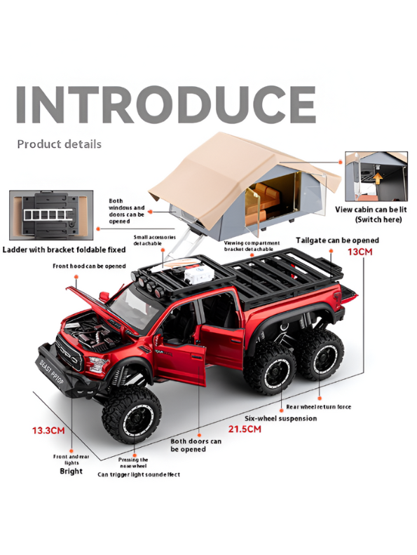 Ford Raptor 1:24 Diecast 6x6 Off-Road Pickup Truck Model with Rooftop Tent & Ladder – Red Overlanding Edition Beast Pickup Toy with Sound & Light LMI15678