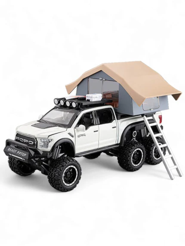 Ford Raptor 1:24 Diecast 6x6 Off-Road Pickup Truck Model with Rooftop Tent & Ladder – Red Overlanding Edition Beast Pickup Toy with Sound & Light LMI15678