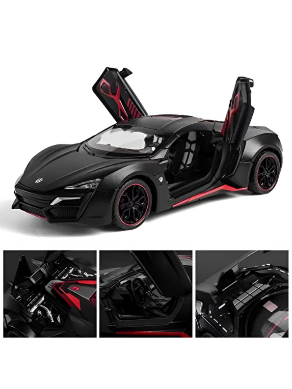 Lykan Hypersport Diecast Model Car 1:24 Scale - Matte Black Supercar Toy, Pull Back Action, Opening Doors, Kids & Collectors Gift LMI14219 - Free Car Inside.
