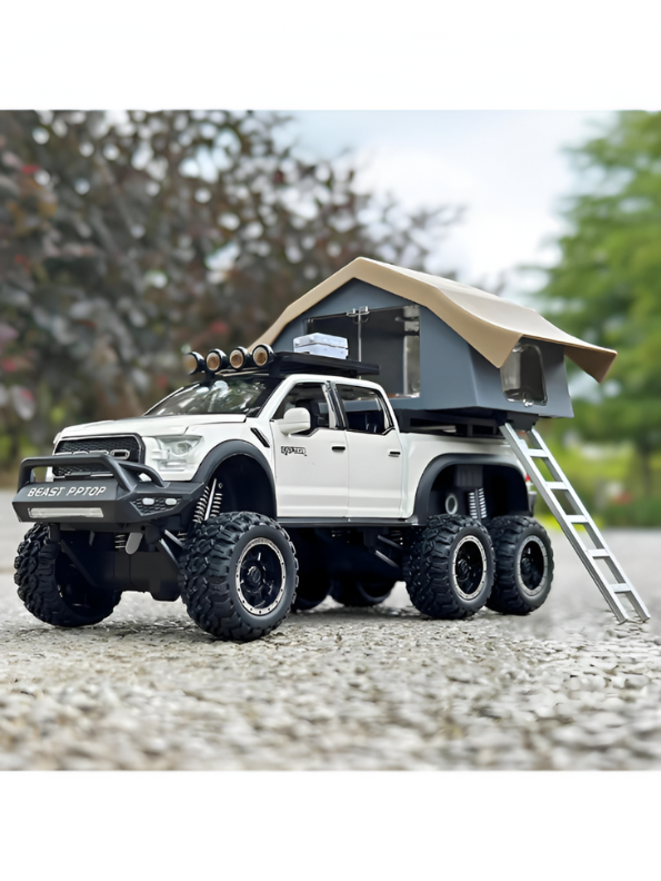1:24 Diecast Ford Raptor 6x6 Off-Road Pickup Truck Model with Rooftop Tent & Ladder –White Overlanding Edition Beast Pickup Toy with Sound & Light LMI15678