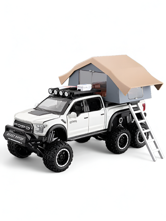 1:24 Diecast Ford Raptor 6x6 Off-Road Pickup Truck Model with Rooftop Tent & Ladder –White Overlanding Edition Beast Pickup Toy with Sound & Light LMI15678