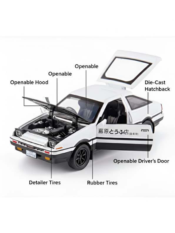 Toyota AE86 Trueno Die-Cast Car Model 1:35 Scale - White/Black Initial D Style Alloy Toy Car with Pull-Back Action, Lights & Sound LMI15620