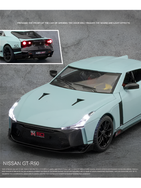 Nissan GT-R50 by Italdesign Diecast Model Car - 1/24 Scale Light blue Special Edition - Collectible Toy Car with Pull-Back Action, Lights, and Sound - Perfect Gift for Car Enthusiasts LMI15124