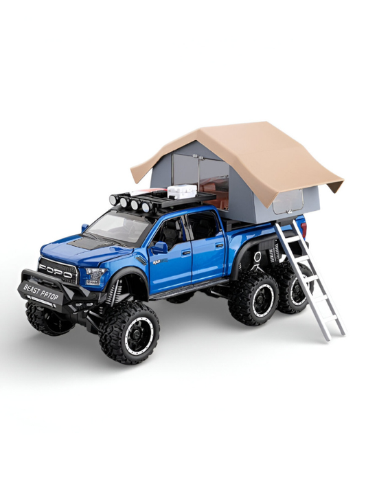 1:24 Diecast Ford Raptor 6x6 Off-Road Pickup Truck Model with Rooftop Tent & Ladder –Blue Overlanding Edition Beast Pickup Toy with Sound & Light LMI15678