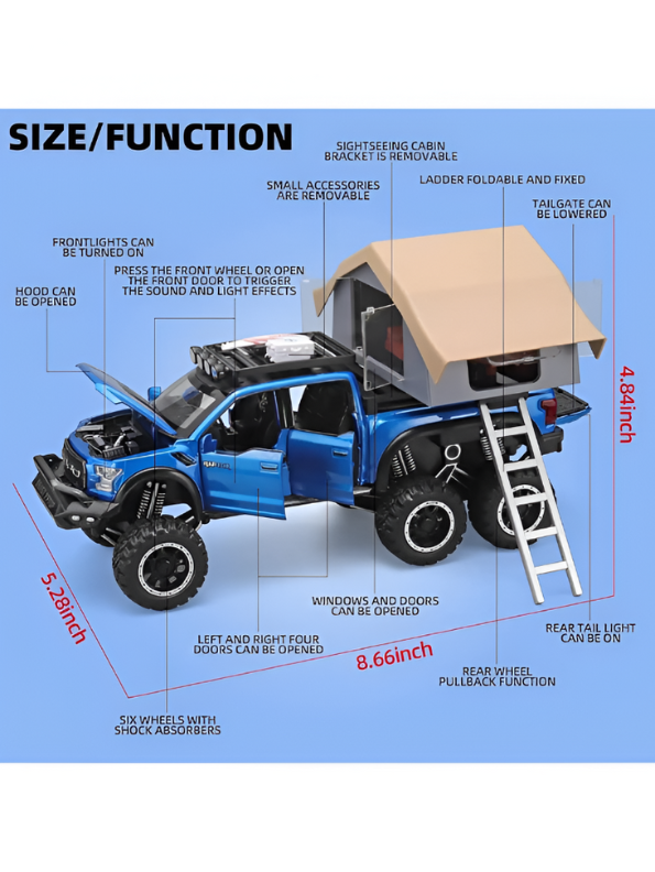 1:24 Diecast Ford Raptor 6x6 Off-Road Pickup Truck Model with Rooftop Tent & Ladder –Blue Overlanding Edition Beast Pickup Toy with Sound & Light LMI15678