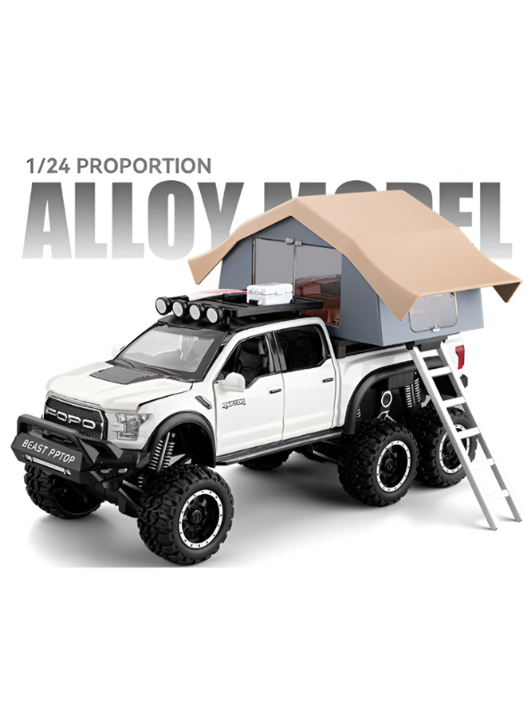 1:24 Diecast Ford Raptor 6x6 Off-Road Pickup Truck Model with Rooftop Tent & Ladder –White Overlanding Edition Beast Pickup Toy with Sound & Light LMI15678