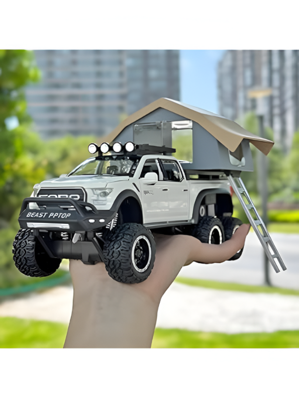 1:24 Diecast Ford Raptor 6x6 Off-Road Pickup Truck Model with Rooftop Tent & Ladder –White Overlanding Edition Beast Pickup Toy with Sound & Light LMI15678