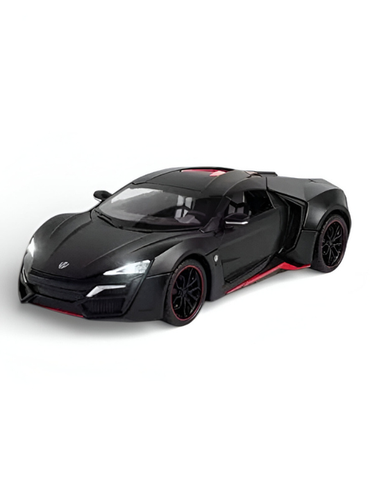 Lykan Hypersport Diecast Model Car 1:24 Scale - Matte Black Supercar Toy, Pull Back Action, Opening Doors, Kids & Collectors Gift LMI14219
