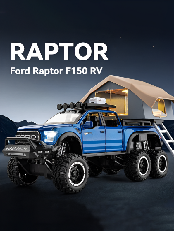 1:24 Diecast Ford Raptor 6x6 Off-Road Pickup Truck Model with Rooftop Tent & Ladder –Blue Overlanding Edition Beast Pickup Toy with Sound & Light LMI15678