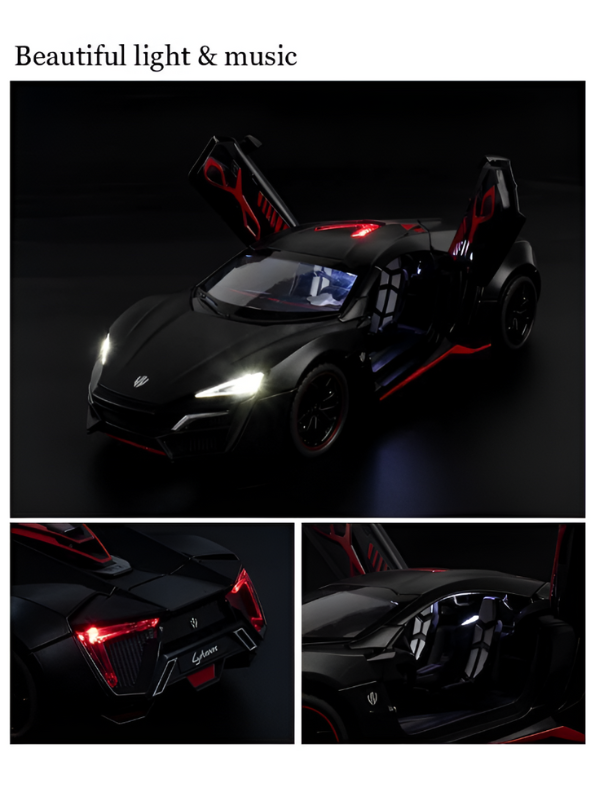 Lykan Hypersport Diecast Model Car 1:24 Scale - Matte Black Supercar Toy, Pull Back Action, Opening Doors, Kids & Collectors Gift LMI14219 - Free Car Inside.