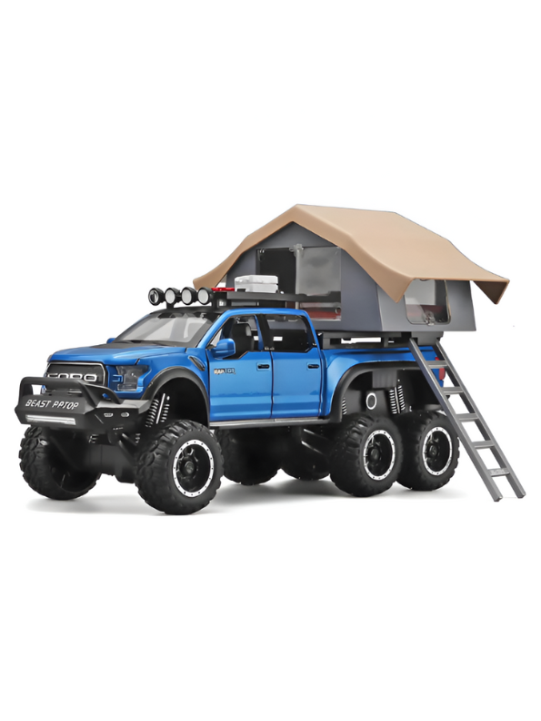 1:24 Diecast Ford Raptor 6x6 Off-Road Pickup Truck Model with Rooftop Tent & Ladder –Blue Overlanding Edition Beast Pickup Toy with Sound & Light LMI15678
