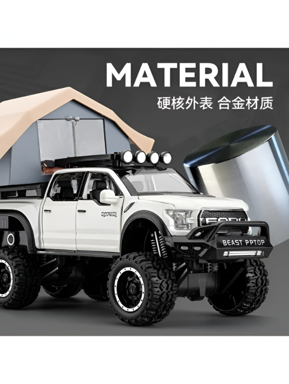 1:24 Diecast Ford Raptor 6x6 Off-Road Pickup Truck Model with Rooftop Tent & Ladder –White Overlanding Edition Beast Pickup Toy with Sound & Light LMI15678