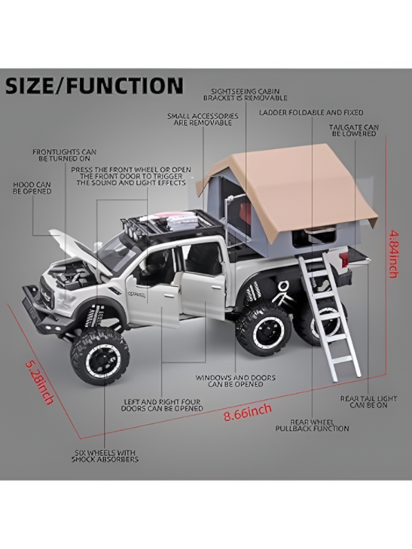 1:24 Diecast Ford Raptor 6x6 Off-Road Pickup Truck Model with Rooftop Tent & Ladder –White Overlanding Edition Beast Pickup Toy with Sound & Light LMI15678