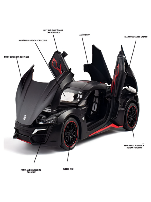 Lykan Hypersport Diecast Model Car 1:24 Scale - Matte Black Supercar Toy, Pull Back Action, Opening Doors, Kids & Collectors Gift LMI14219 - Free Car Inside.