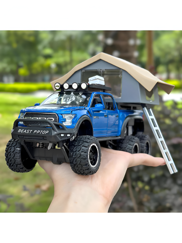 1:24 Diecast Ford Raptor 6x6 Off-Road Pickup Truck Model with Rooftop Tent & Ladder –Blue Overlanding Edition Beast Pickup Toy with Sound & Light LMI15678