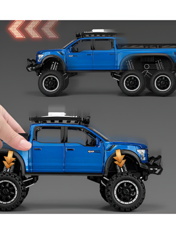 1:24 Diecast Ford Raptor 6x6 Off-Road Pickup Truck Model with Rooftop Tent & Ladder –Blue Overlanding Edition Beast Pickup Toy with Sound & Light LMI15678