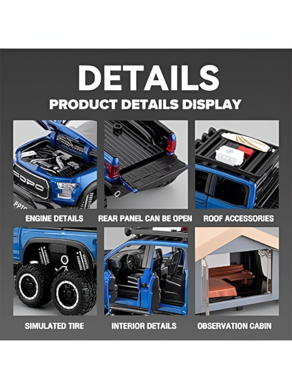 1:24 Diecast Ford Raptor 6x6 Off-Road Pickup Truck Model with Rooftop Tent & Ladder –Blue Overlanding Edition Beast Pickup Toy with Sound & Light LMI15678