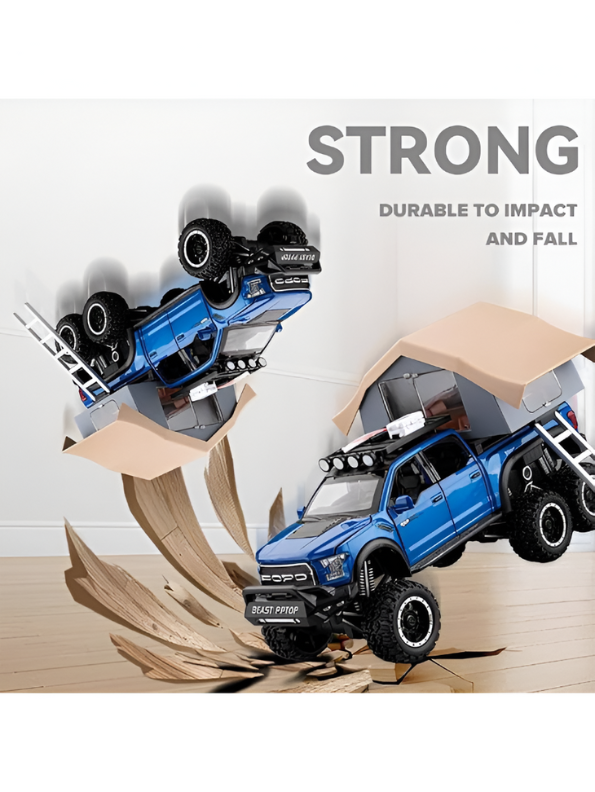 1:24 Diecast Ford Raptor 6x6 Off-Road Pickup Truck Model with Rooftop Tent & Ladder –Blue Overlanding Edition Beast Pickup Toy with Sound & Light LMI15678