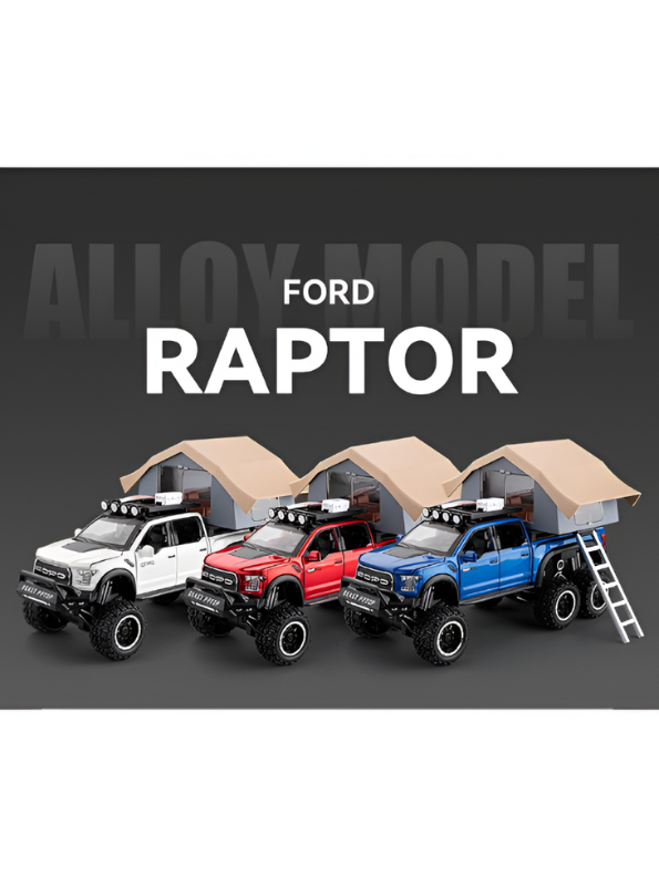Ford Raptor 1:24 Diecast 6x6 Off-Road Pickup Truck Model with Rooftop Tent & Ladder – Red Overlanding Edition Beast Pickup Toy with Sound & Light LMI15678