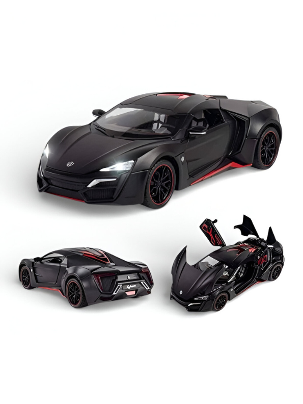 Lykan Hypersport Diecast Model Car 1:24 Scale - Matte Black Supercar Toy, Pull Back Action, Opening Doors, Kids & Collectors Gift LMI14219 - Free Car Inside.