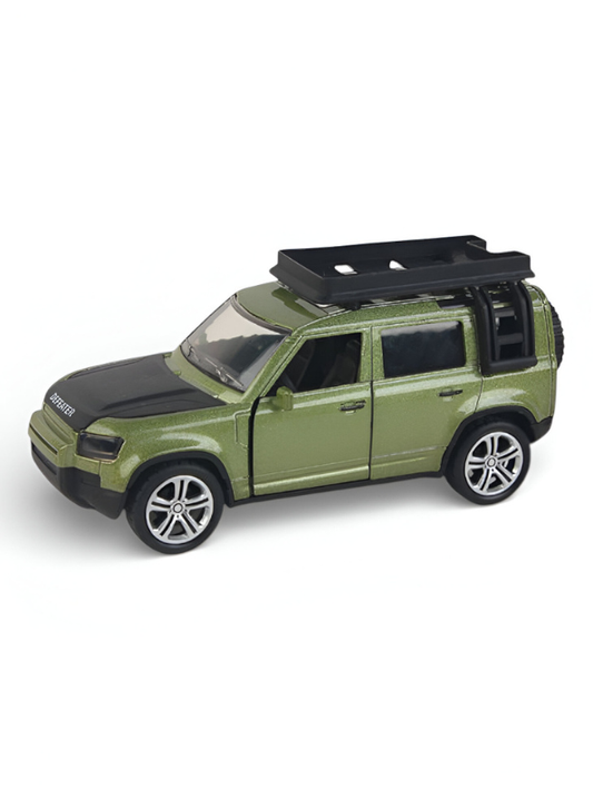 1:28 Die-Cast Land Rover Defender Model Car, Green Off-Road Toy Vehicle with Roof Rack & Ladder, Collectible SUV Green LMI15813