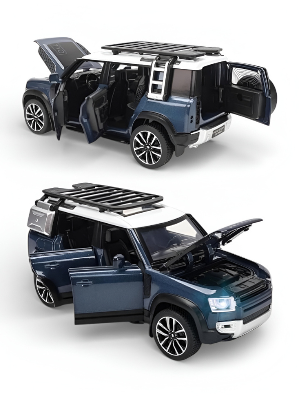 Blue Land Rover Defender Diecast Model Car – 1:24 Scale Premium Metal Off-Road SUV Toy with Realistic Lights & Sound Effects LMI16545