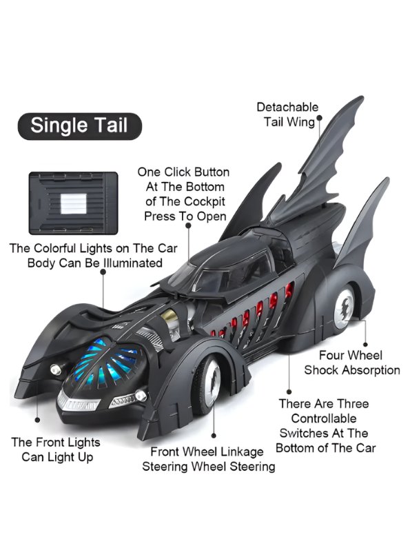 Authentic Batman Forever 1995 Batmobile 1:18 Scale Diecast Collectible Car with Glow Features – Black Action Vehicle for Kids & Collectors - Free Car Inside - LMI16348