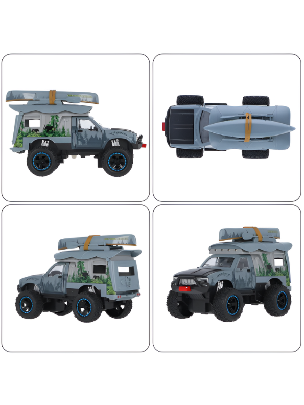 Grey 4x4 Off-Road Adventure Camper Metal Toy Truck with Roof-Top Canoe – Safari SUV Toy Vehicle with Wilderness Graphics for Kids & Collectors LMI16426