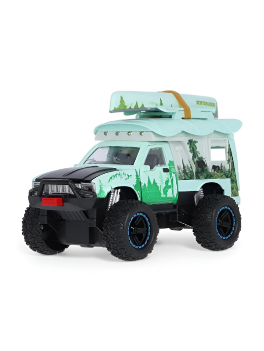 Green 4x4 Off-Road Adventure Camper Metal Toy Truck with Roof-Top Canoe – Safari SUV Toy Vehicle with Wilderness Graphics for Kids & Collectors LMI16426